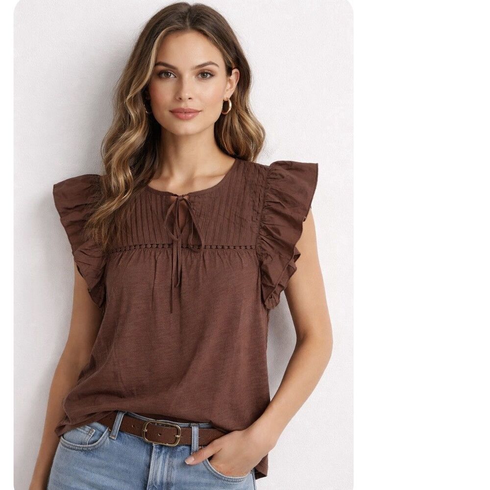 Anthropologie Dolan Brown Flutter Sleeve Pintuck Blouse Boho Cotton Top Size L